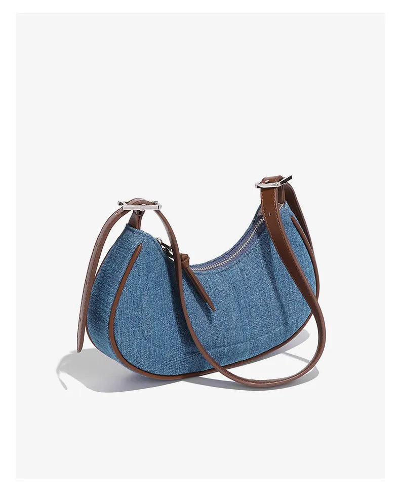 French Retro Denim Crescent Handbag